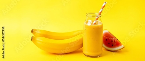Vibrant banana smoothie bottle on bold yellow background, fresh, object