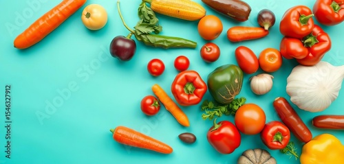 Vibrant flat lay of assorted fresh vegetables on a teal background ,  pepper,  potato