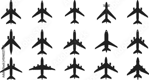 Airplane silhouette vector set, aircraft top view icons, commercial jet design, aviation elements collection, flight symbol template, black airplane graphics, isolated aviation illustrations pack