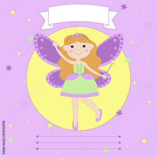 Sample congratulations, background, postcard, invitation to a children's party, Cute fairy in a lilac dress and wings