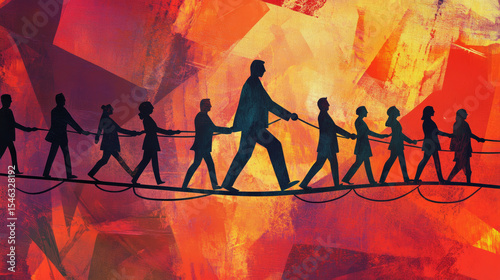 Abstract Depiction of a Leader Guiding a Team Across a Tightrope, Symbolizing Trust, Leadership, Balance, and Teamwork