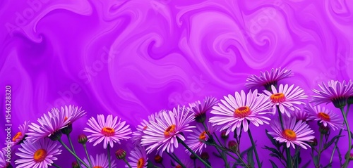 Vibrant purple abstract swirls contrast with freshly picked asters, beauty, elegant
