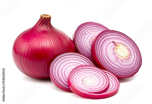 Vibrant red onion, whole and sliced, isolated on white,  visual,  aromatic