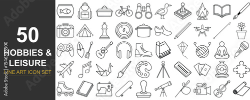 50 Line Art Vector Icons of Hobbies and Leisure Activities Featuring Drawing, Music, Gaming, Outdoor Adventures, Crafts, and Creative Pastimes for Lifestyle Apps and Planners