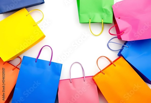 Vibrant shopping bags, various colors, isolated on white, ready for mockup,  handles,  color