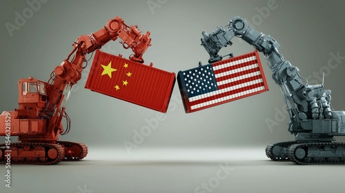 Containers suspended in air with Chinese and American flag,global competition in market trading