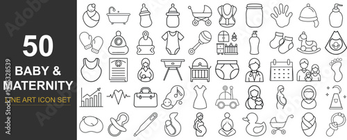 50 Line Art Vector Icons of Baby and Pregnancy-Related Items Featuring Mother Care, Baby Gear, Feeding Tools, Clothing, and Birth Essentials for Nursery Design, Apps, and Print Use