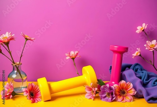 Vibrant sportswear, dumbbells, & spring blooms on bold backdrop,  spring,  wellbeing