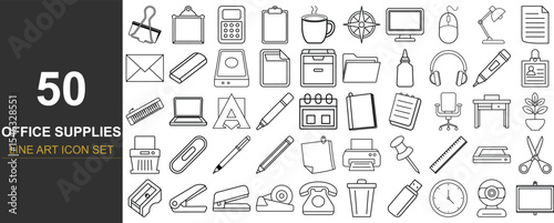 50 Line Art Vector Icons of Office and Workplace Supplies Featuring Writing Tools, Filing Items, Digital Devices, and Productivity Objects for Business Templates, Apps, and UI Kits