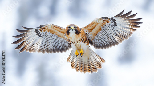 Red-tailed hawk soaring in snowy winter forest