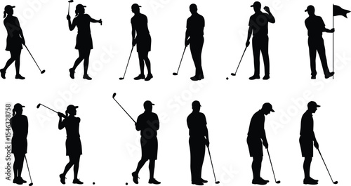 Silhouette golf players vector set, male and female golfer icons, golf swing pose, putting action, black outline athlete, sports people illustration, golf tournament graphic