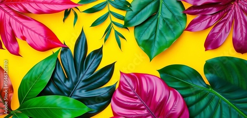 Vibrant tropical leaves arranged on a bold yellow background,  monstera,  palm leaves