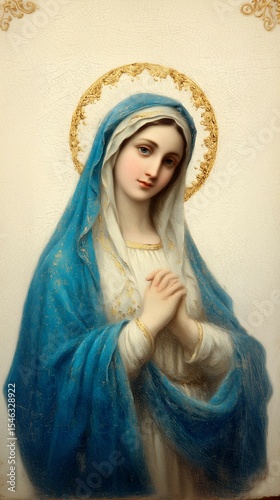 Portrait of Mother Mary,blue and white robe and golden halo,serene expression,gold background