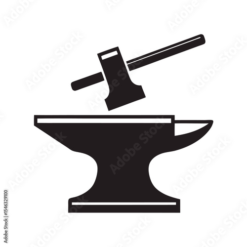 Black Silhouette of Anvil and Hammer Isolated on White Background Simple Metalwork Icon Graphic Design Element