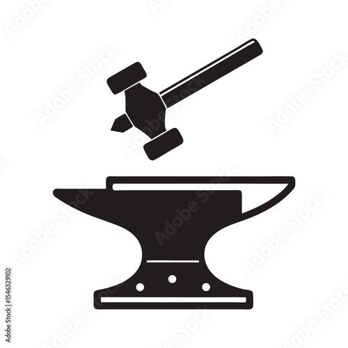 Black Silhouette of Anvil and Hammer Isolated on White Background Simple Forge Tool Icon Design Element