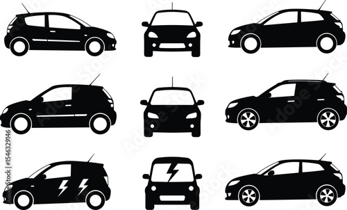 Vector illustration of electric and regular car silhouettes, front and side views, black vehicle icons, modern automotive design collection