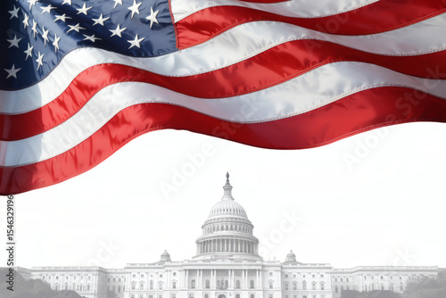 National emblem waving above a prominent government building, symbolizing governance and patriotic values with ample copy space.