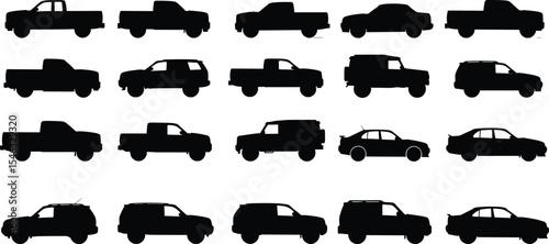Vector illustration of car, SUV, and truck silhouettes, black vehicle icons in side view, automotive design collection