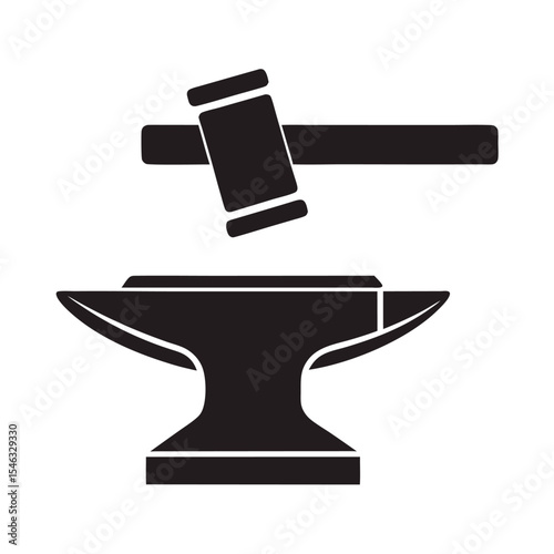 Black Silhouette of Anvil and Hammer on White Background Simple Metalwork Icon Graphic Design Element