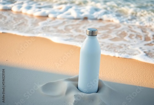 White reusable water bottle rests on sandy beach, ocean waves crashing nearby, bottle, hydration