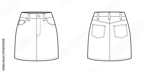 Five Pocket Denim Skirt- Mini skirt Front and Back View- Fashion Technical Illustration- Vector Cad Mock-up 