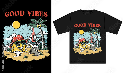 Good Vibes T-shirt Design: An artistic t-shirt design featuring a playful cartoon character enjoying the beach with the words "good vibes". This design can be perfect for summer collection