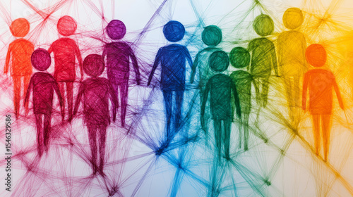 Abstract Art of Team Members Connected by Colorful Threads, Symbolizing Emotional Bonds, Unity, and Collaborative Relationships