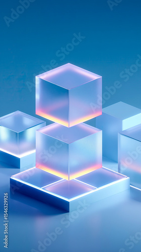 Abstract 3D cubes with translucent layers in periwinkle, pale blue,