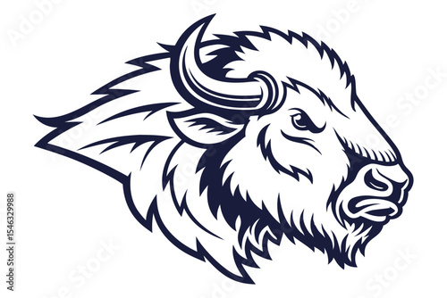 Intricate bison head shows strong facial features, detailed horns, and fur outlines
