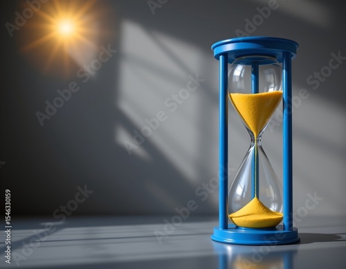 modern hourglass with yellow sand in a blue frame positioned on the right side of the image against a dark background, a sunbeam shines down from the top left corner