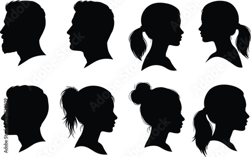 Vector illustration of male and female head silhouettes in profile, hairstyle variety, black and white people icon set