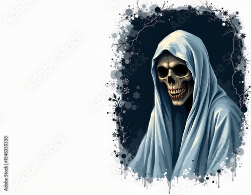 terrifying ghost with evil skull face floating in darkness wearing a white shroud, on the right with copy space on the left.