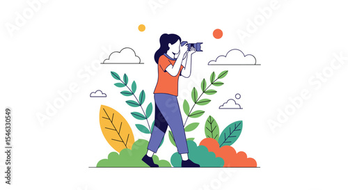 A Woman Photographer Enjoying Nature and Capturing Beautiful Scenery Outdoors in a Natural Environment