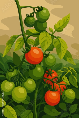 This image showcases a lush tomato plant laden with fruit in various stages of ripeness. Clusters of round tomatoes transition from unripe green to ripe, vibrant red, indicating a healthy and flourish