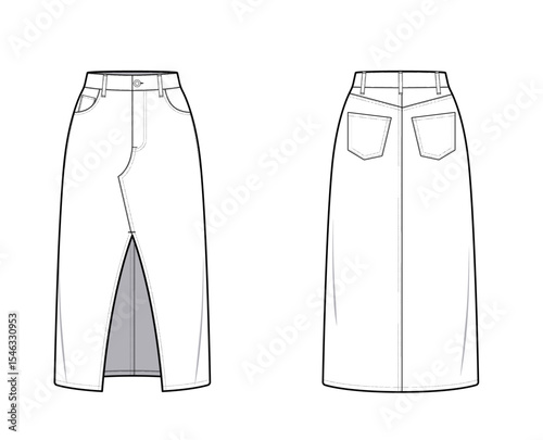Title	
Denim Maxi Skirt with Wide Front Center Slit- 5 pocket Denim Skirt- Straight Design- Front and Back View- Fashion Technical Illustration - Denim Skirt CAD Mock-up