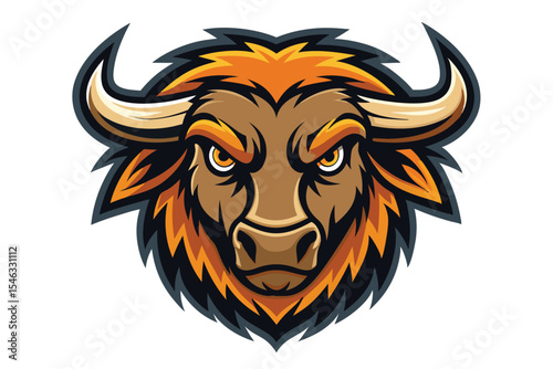 A powerful bull head with orange hair and sharp horns glares directly forward
