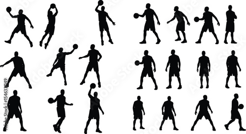 Basketball player silhouette collection, sport action poses, athlete dribbling, slam dunk vector, black figures isolated, team game illustration, training movement icon, fitness concept design