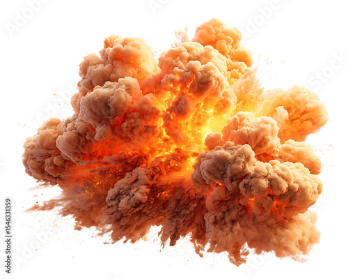 Fiery explosion with orange smoke and embers isolated on black background