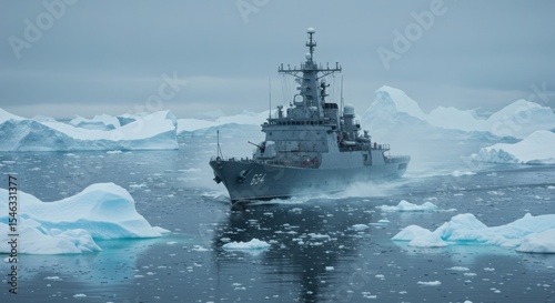 Navy warship patrolling icy waters in arctic environment