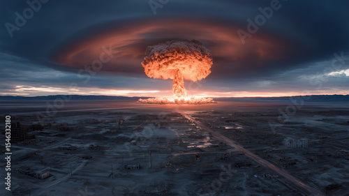 Massive Nuclear Mushroom Cloud Erupting from Barren Landscape, Intense Orange-Red Plasma Core Expanding Vertically Against Dark Turbulent Sky, Radial Energy Dispersing Across Monochromatic Horizon