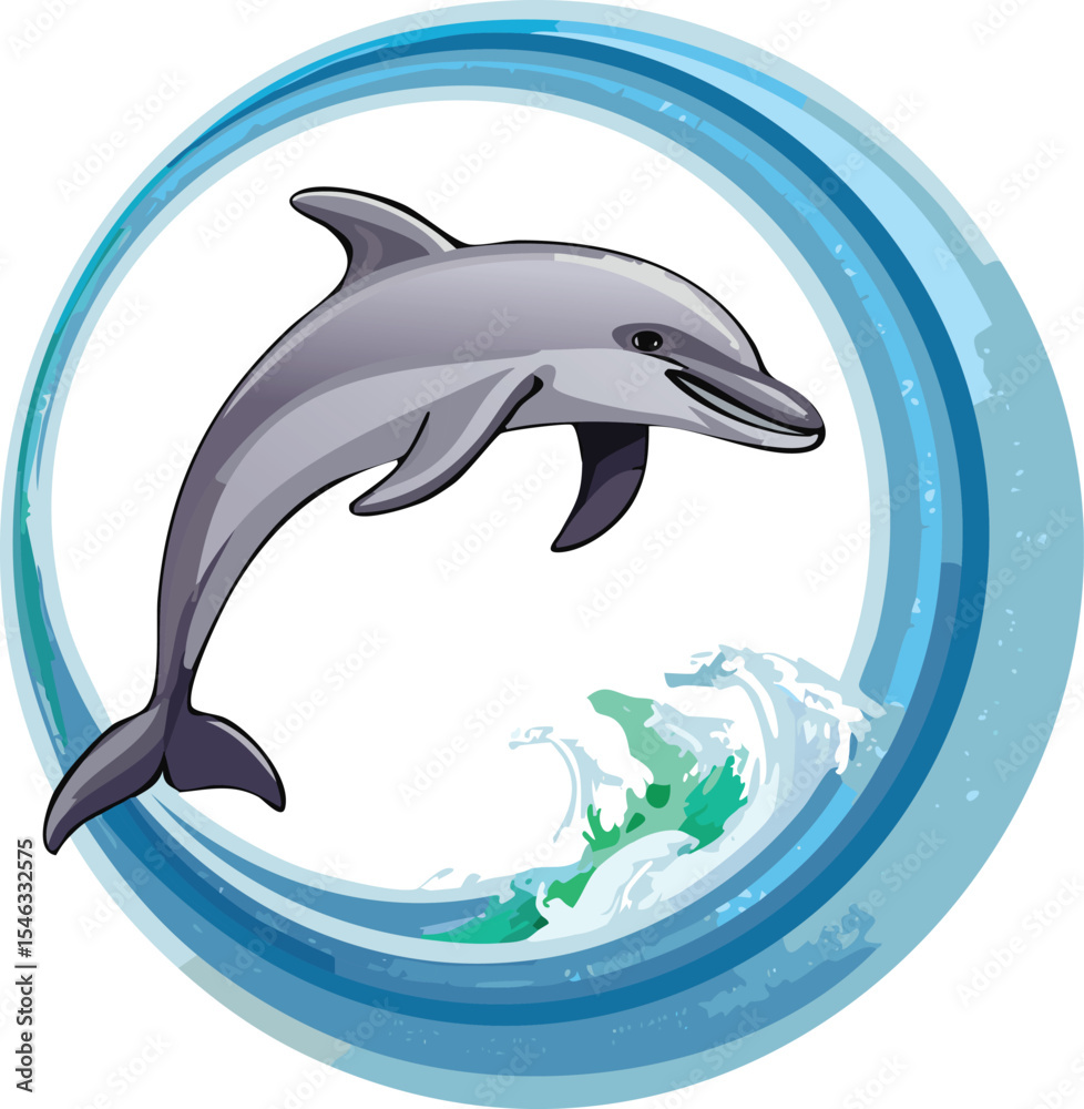 Obraz premium Vector Illustration of Dolphin Leaping Through Ocean Wave Ring