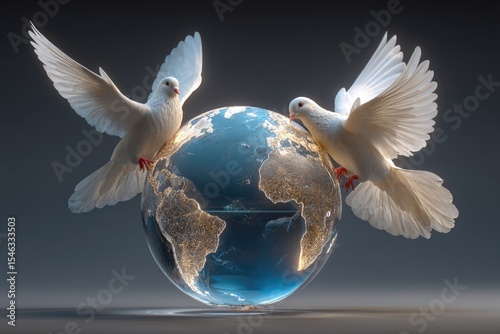 Peace Doves Embracing Earth Globe with Glowing Lights