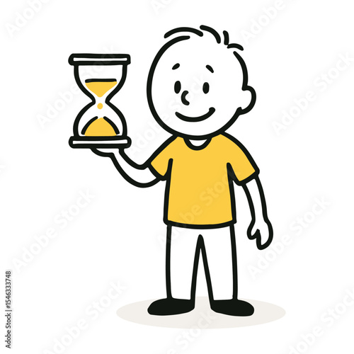 Stick Figure Holding Hourglass Vector Illustration. Simple Doodle Style Drawing of Young Person Conceptualizing Time