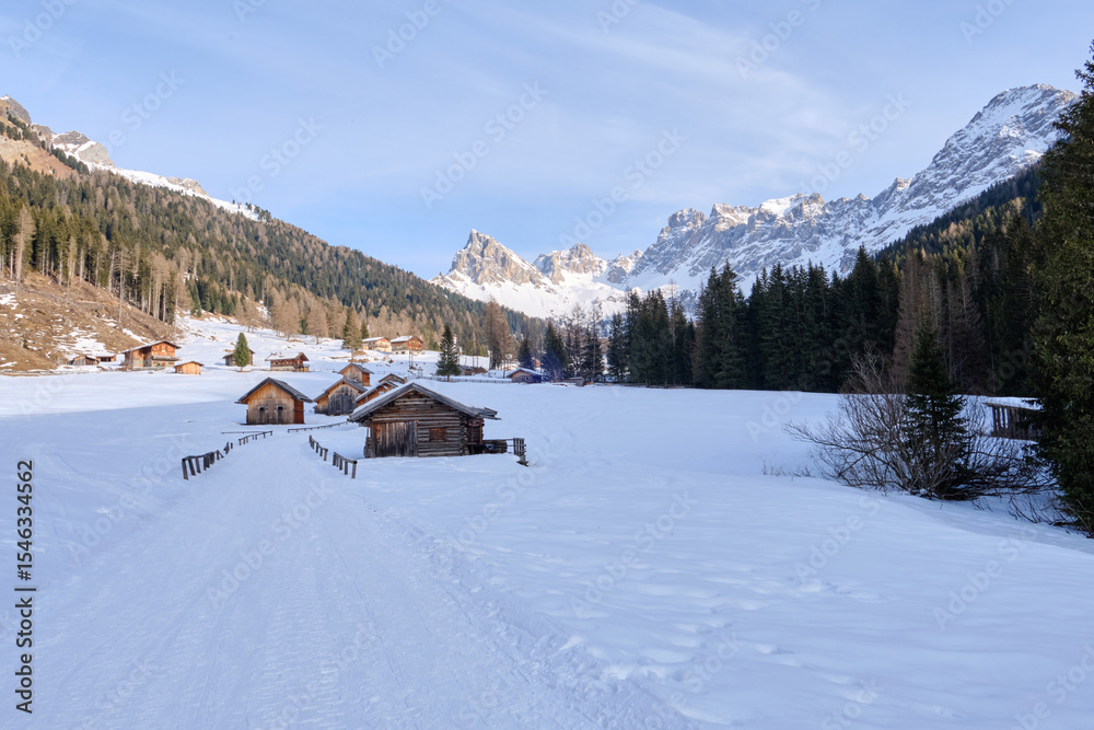 Fototapeta premium February, 2025, Fassa Valley: view of scenery mountain of Val s. Nicolo'