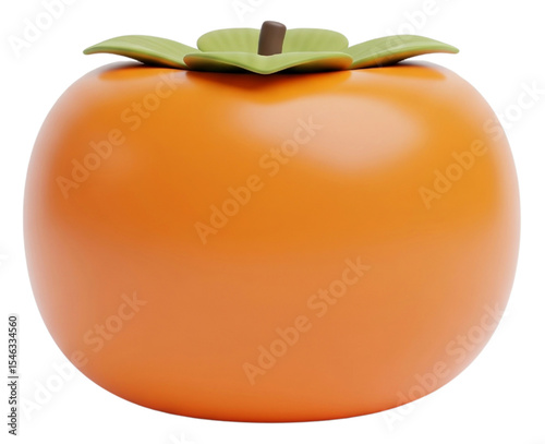 3D Single fresh orange persimmon with smooth skin and green calyx, isolated on a white background for food and design use.