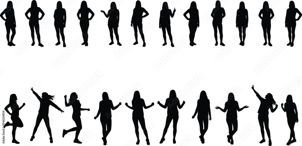 Silhouettes of young women in casual poses, dancing and standing, female figure vector illustration, expressive body language, fashion concept art Silhouettes of young women in casual poses, dancing and standing, female figure vector illustration, expressive body language, fashion concept art