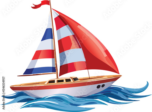 Sailboat Gliding with Waving Flag in the Wind isolated on transparent background 