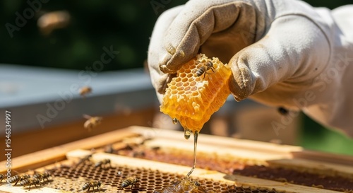 Beekeeper Harvesting Golden Honeycomb with Dripping Honey in Wooden Hive Frame