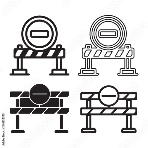 Barrier stop sign flat, line icons set. Block obstacle stripped fence with road sign. Under construction highway restricted symbol. Travel prohibited pictogram.