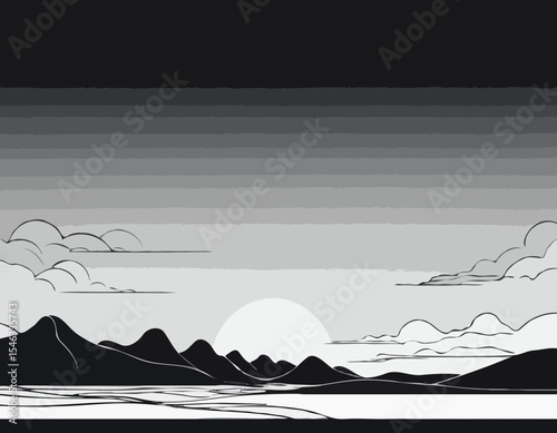 Elegant Continuous Line Art Depicting Dawn to Dusk Sky Transition